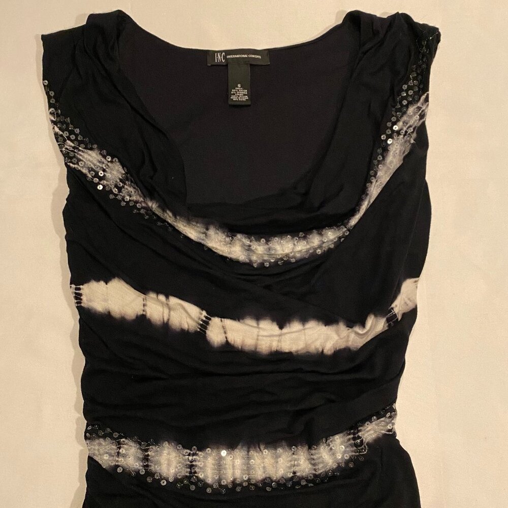 NWOT INC Fitted Dress Sequins Navy Sleeveless Ruched Stretch Slim Fit Size S